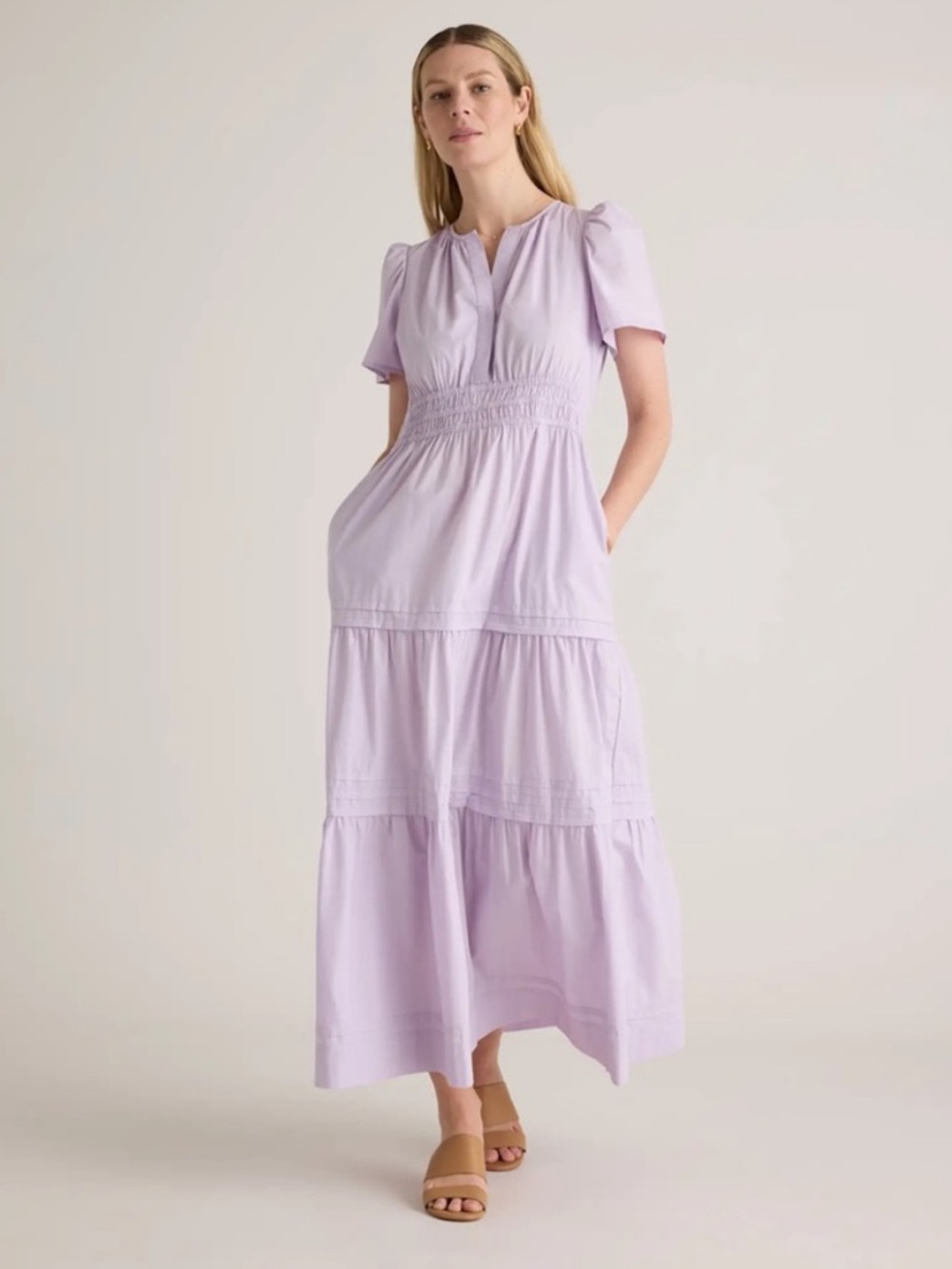 Quince Pastel Lilac Tiered Maxi Dress with Puff Sleeves | Size Medium